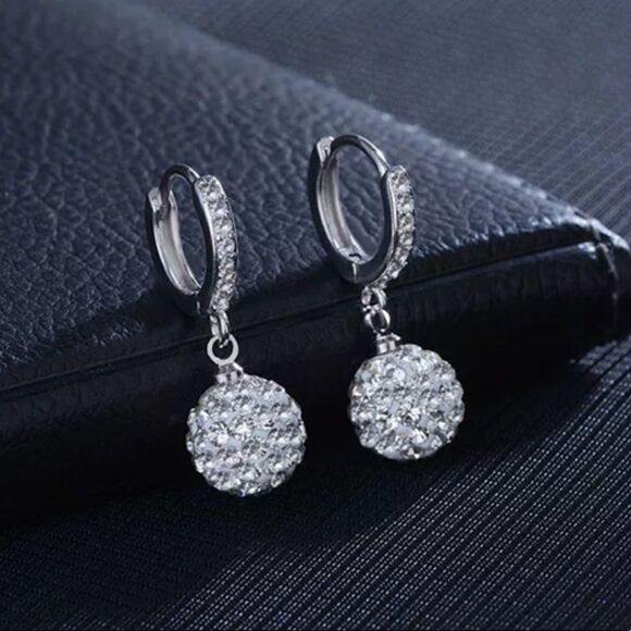 NEW 925 Sterling Silver Crystal Ball Hoop Earrings - Picture 3 of 10